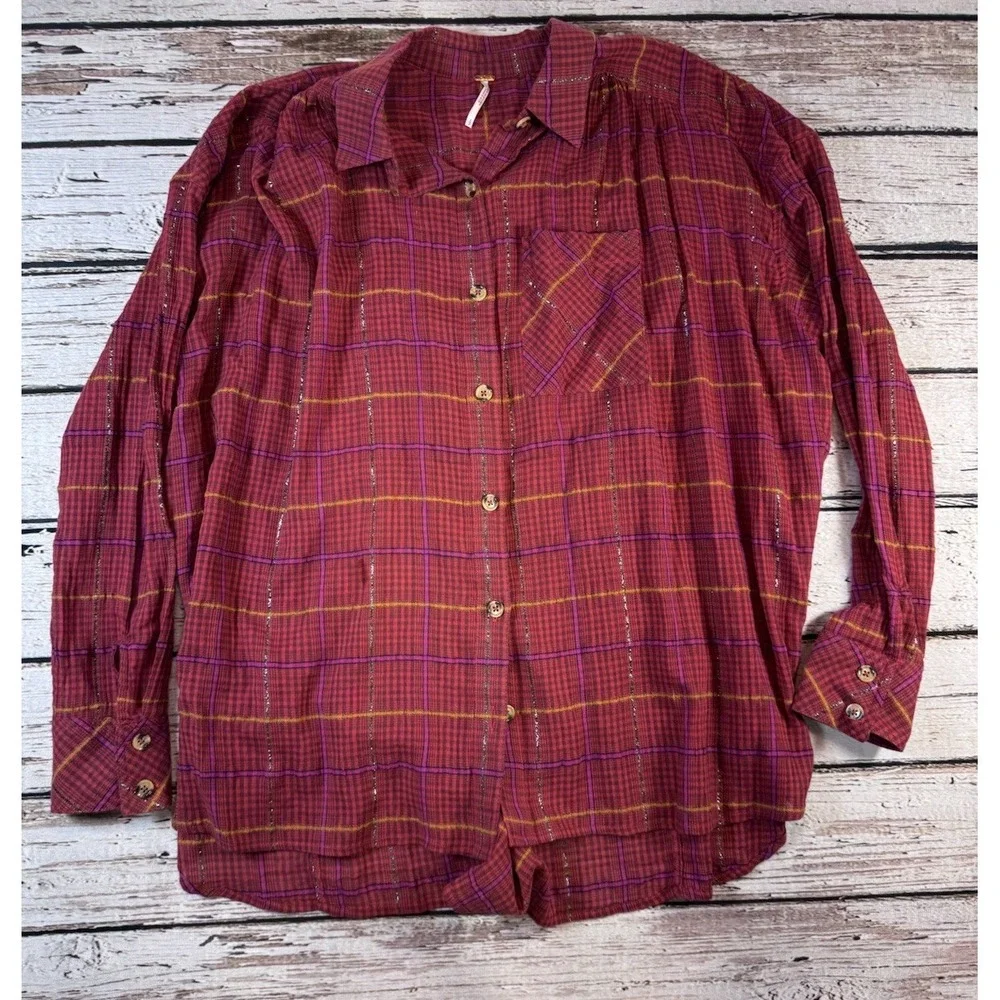 Free People Break My Stride Plaid Tunic Top Size Small Red Long Sleeve Oversized